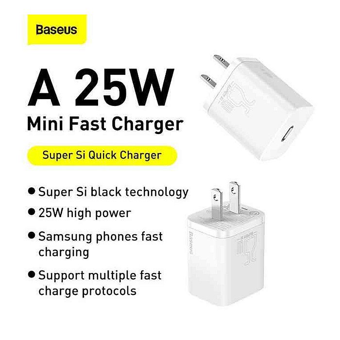 Baseus Super Si Quick Charger 1C 25W US Sets With Mini White Cable Type-C to Type-C 3A 1m white Baseus Super Si Quick Charger 1C 25W US Sets With Mini White Cable Type-C to Type-C 3A 1m white