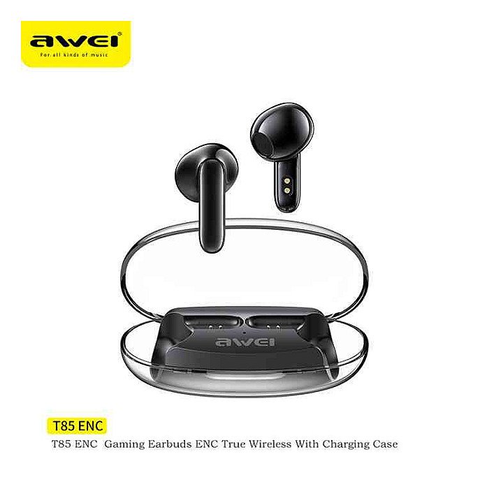 Awei T85 ENC Gaming Bluetooth Earbuds with Transparent Charging Case Long Life Battery Awei T85 ENC Gaming Bluetooth Earbuds with Transparent Charging Case Long Life Battery