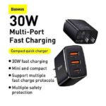 BASEUS Compact Quick Charger 30W 2U+C Type C PD Fast Charging 3 Ports USB