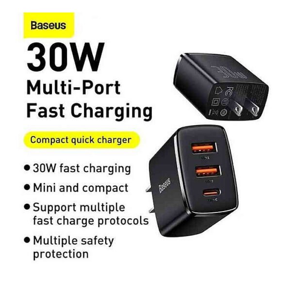 BASEUS Compact Quick Charger 30W 2U+C Type C PD Fast Charging 3 Ports USB