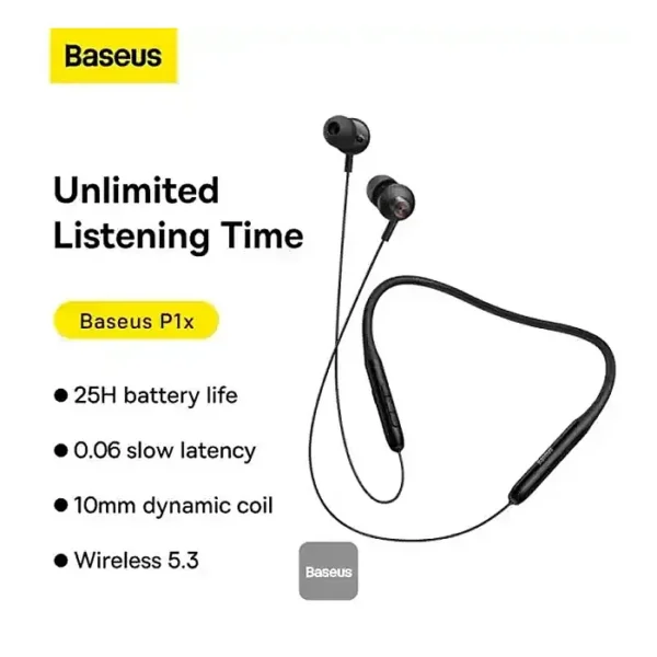 BASEUS Bowie P1x Neckband Headphones Bluetooth 5.3 Wireless Earbuds for Gym Workout, Clear Calls, 25Hrs Playtime