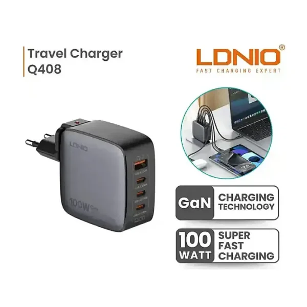 LDNIO Q408 100W GaN Super Fast Charger with Replaceable Plug (US/EU/UK)
