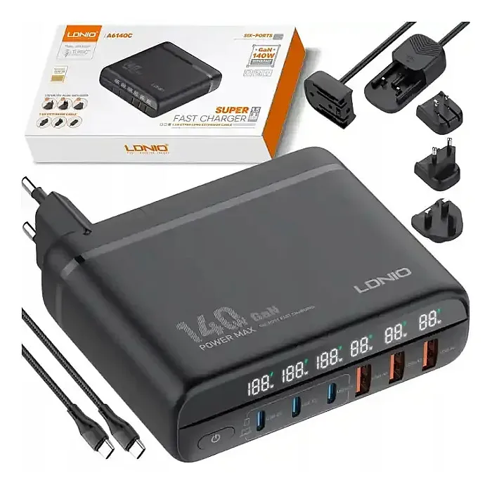 LDNIO A6140C 140W Super Fast Charging 6 USB Ports LED Display GaN Desktop Charger Adapter -1.5M