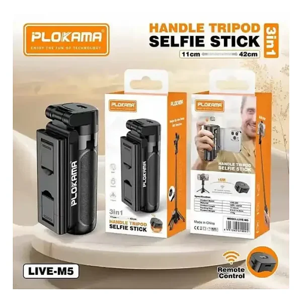 PLOKAMA live-M5 Extendable Grip Tripod Mini Selfie Stick Bluetooth Remote Control Tripod 3 In 1 Tongsis Tripod