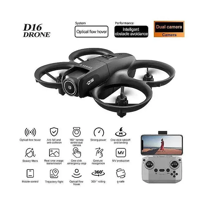 D16 Mini Dron Dual HD Camera Foldable Remote Control Drone with Optical Fow Hover Auto Intelligent Obstacle Avoidance Indoor and Outdoor Drone Drone for Kids With Propeller Guard