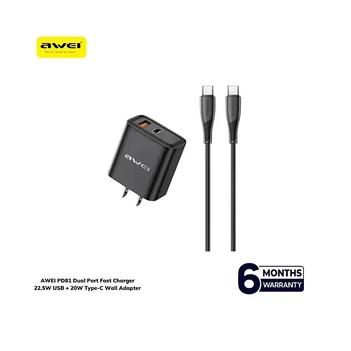 AWEI PD81 Dual Port Fast Charger 22.5W USB + 20W Type-C Wall Adapter