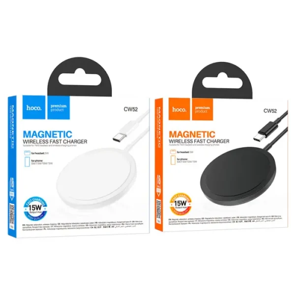 Hoco CW52 15W Magnetic Wireless Charger Fast Charging For phones and headsets Supports magnetic positioning
