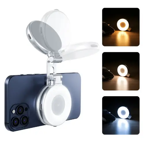 TELESIN C03 Magnetic Selfie Light 3-in-1 Magnetic Selfie Light Compatible With Magsafe CRI97 360° LED Phone Light With Mirror For IPhone/Android For Selfie/Photography/TikTok/Zoom Calls/Video
