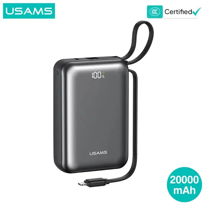 USAMS CD279 PB98 20000mAh 22.5W PD Power Bank with Digital Display built-in Type-C & Lightning charging cable