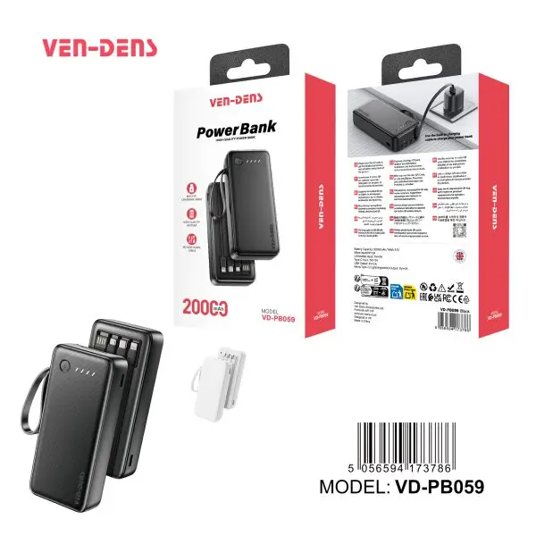 Vendens VD-PB059 20000mAh Power Bank built-in cable with LED torch light fast charging Power Bank
