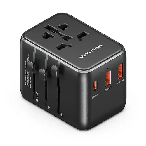 VENTION FJEB0 3-Port USB (C + A + A) Universal Travel Adapter (20W/18W/18W) Black